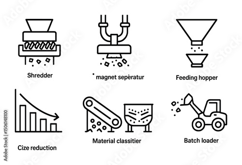 Industrial process outline icons set – manufacturing, machinery, production symbols
