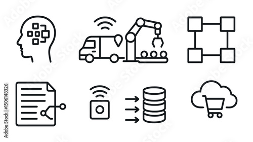 Artificial intelligence line icons set – outline, neural networks, machine learning symbols
