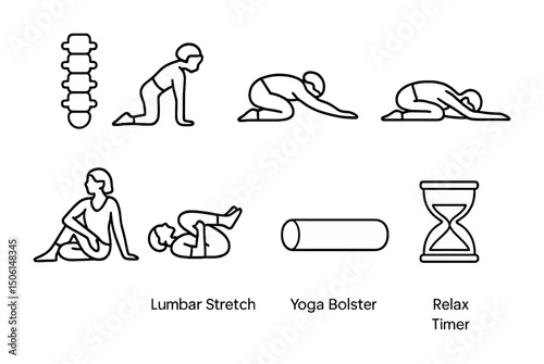 Yoga outline icons set – exercise, flexibility, meditation symbols
