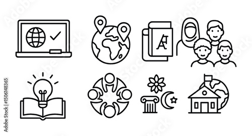 Language diversity outline icons set – education, culture, multilingual symbols