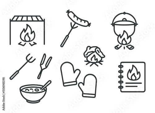 Camping and outdoor line icons set – travel, adventure, hiking essentials
