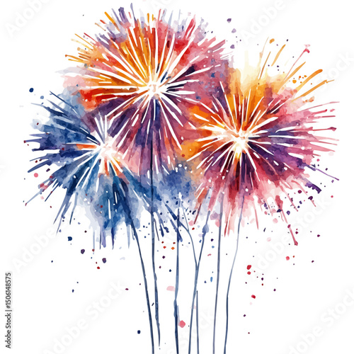 Fireworks Display, watercolor illustration vector, high quality, isolated on a white background.