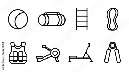 Fitness and gym line icons set – outline, workout, exercise equipment graphics