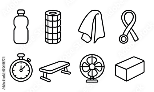 Fitness and exercise outline icons set – gym, workout, training symbols