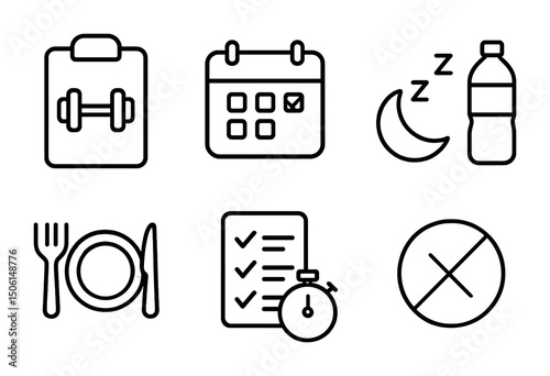 Fitness and wellness outline icons set – exercise, health, gym symbols
