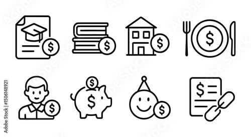 Finance and education outline icons set – linear, money, learning symbols