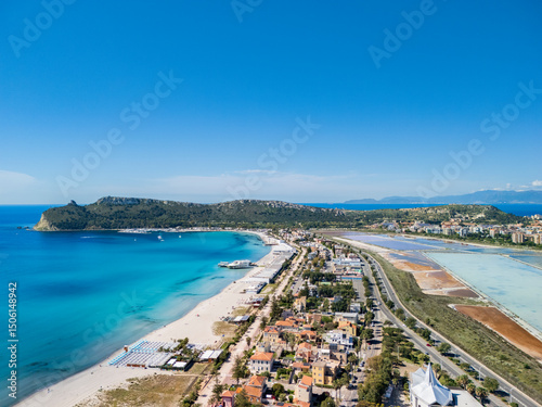Fototapeta Naklejka Na Ścianę i Meble -  Aerial view to Poetto Beach, Cagliari, Sardinia, Italy, Europe