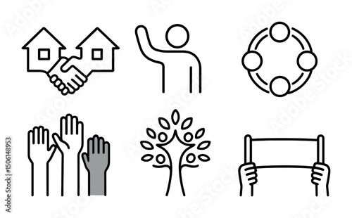 Community engagement icons set – outline, linear, collaboration and teamwork symbols