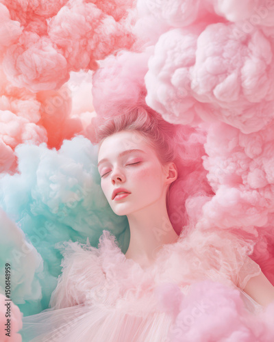 Dreamy Cloudscape: A tranquil figure reclines amidst a swirl of pastel-colored clouds, creating a whimsical and ethereal scene.