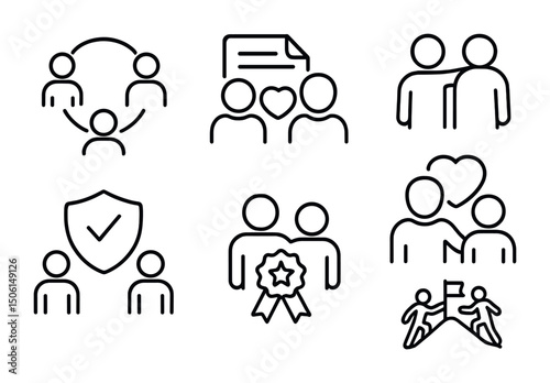 Team collaboration outline icons set – linear, teamwork, communication symbols
