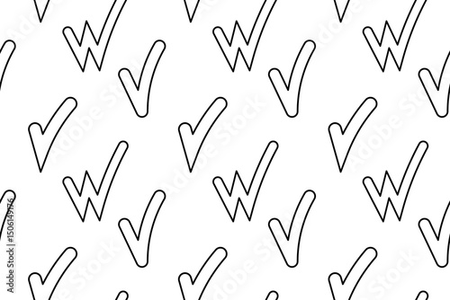 Seamless pattern, coloring page with abstract geometric doodle of checkmark, and alongside stylized W-shapes. For entertaining kids, black and white design, DIY craft, and wrapping paper or wallpaper.