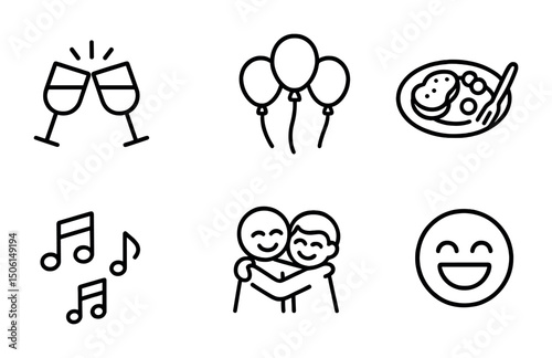 Celebration and party outline icons set – festive, fun, event planning symbols