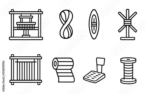 Weaving and textile outline icons set – yarn, looms, fabric symbols