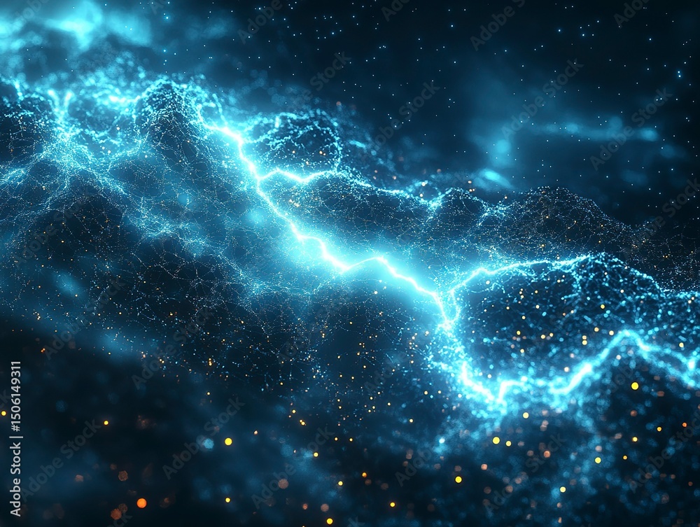 Fototapeta premium Binary Thunderstorm - Shattered Mirror Lightning & Neon Cyan Void with Glitch Terrain Deformation