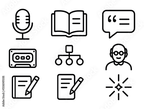 Communication and media icons set – outline, linear, conversation and broadcast symbols