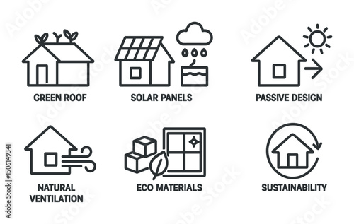 Sustainable architecture line icons set – green, eco-friendly, building symbols