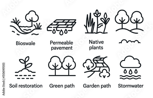 Landscape and stormwater linear icons set – outline, ecological, environment symbols