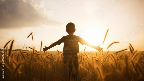 Silhouette of a young boy standing in a golden wheat field with his arms outstretched, embracing the warmth of the setting sun and enjoying the freedom of nature