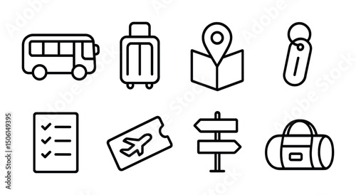 Travel and transportation icons set – outline style for vacation and navigation