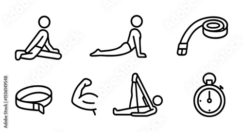 Yoga and fitness line icons set – flat, workout, exercise and stretching symbols