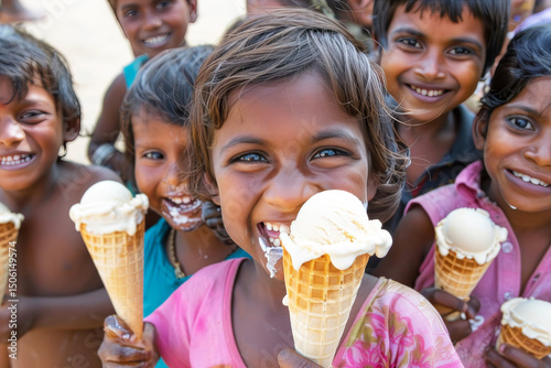 Joyful closeup of dark haired children savoring soft ice cream cones while smiling at the camera