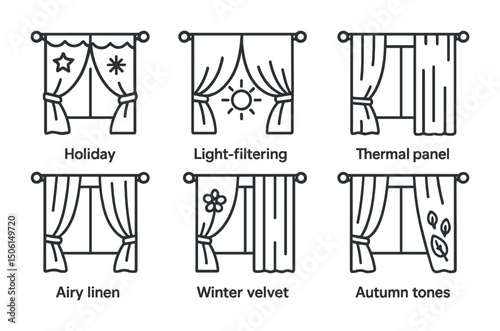 Curtain and drapes outline icons set – linear, line, window decor essentials