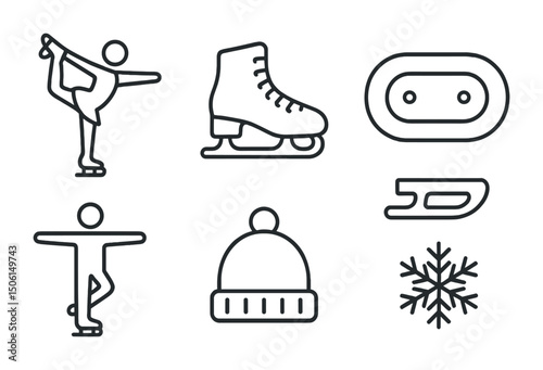 Winter sports outline icons set – ice skating, winter gear symbols