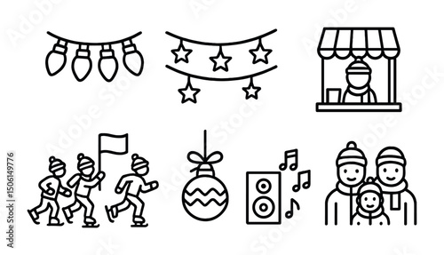 Holiday festival outline icons set – celebration, event, winter themed symbols