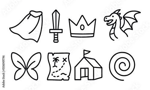 Fantasy adventure outline icons set – whimsical, mythical, fairytale symbols