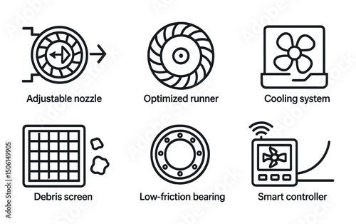Mechanical engineering outline icons set – linear, technical, industry symbols