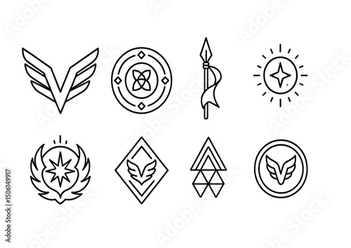 Heroic symbols outline icons set – badge, emblem, crest, insignia designs