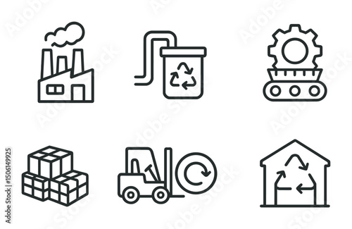 Recycling automation line icons set – linear, outline, waste management symbols