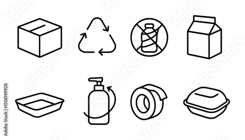 Sustainable packaging outline icons set – eco-friendly, recycling, waste reduction symbols