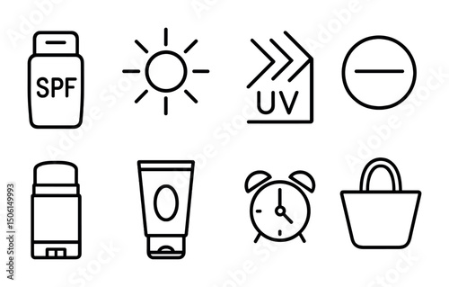 Summer essentials outline icons set – flat, linear, beach and vacation items
