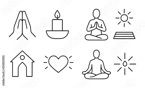 Meditation and mindfulness icons set – outline, linear, spiritual and calm symbols