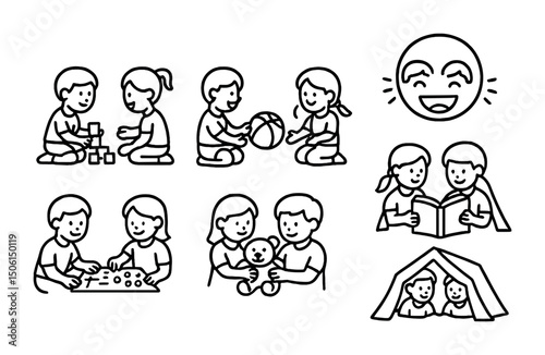 Childhood playtime icons set – outline, linear, kids, games and activities