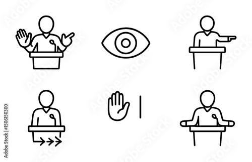 Public speaking outline icons set - linear, presentation, communication visuals