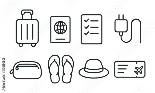 Travel essentials outline icons set – suitcase, passport, checklists, vacation gear