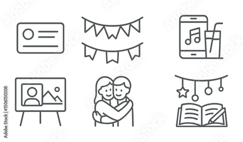 Celebration and party outline icons set – line, festive, event planning graphics