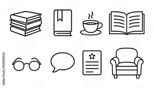 Library and literary outline icons set – books, reading, education symbols