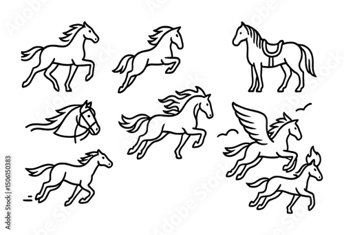 Horse outline icons set – linear, equestrian, riding and galloping symbols