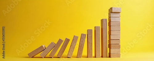 Wooden blocks falling in domino effect on yellow background. Business financial concept, strategy, risk management, failure, collapse. Problem solving, leadership, crisis management, change, solution