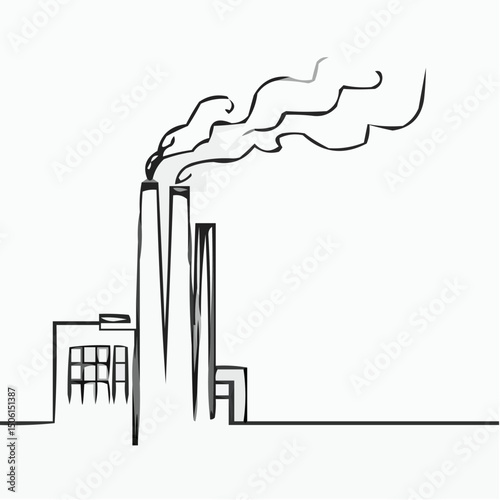 Industrial factory with smoke in minimal line art style  