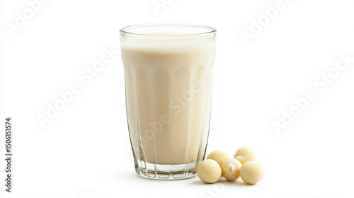A tall glass of creamy macadamia milk infused with the tropical flavor of macadamia isolated on white background 
