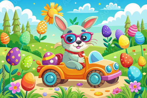 vector of A whimsical image of a bunny wearing sunglasses celebrating while driving a toy car with Easter eggs surrounded by colorful flowers in a sunny field.