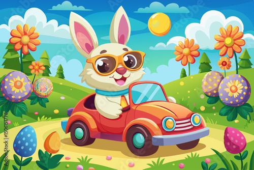 vector of A whimsical image of a bunny wearing sunglasses celebrating while driving a toy car with Easter eggs surrounded by colorful flowers in a sunny field.