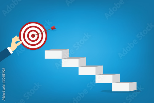 Goal, motivation to success. Climb up stairs to reach goal target on the top.