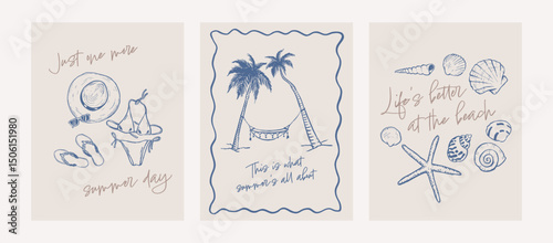 Summer beach posters with quotes and doodles. Coastal card set. Event invitation poster template. Hand drawn frame illustration. Graphic ink style sketch.