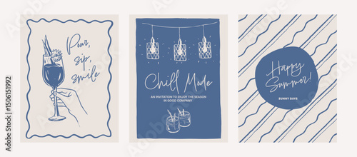 Party doodle card set. Event invitation poster template. Boho summer holiday drawings. Hand drawn illustration of drink, cocktail and string lights. Graphic ink style sketch.