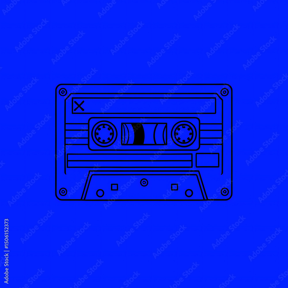 Fototapeta premium Neon Vintage Music Tape Cassette 80s, 90s, coloring book icon, black and blue